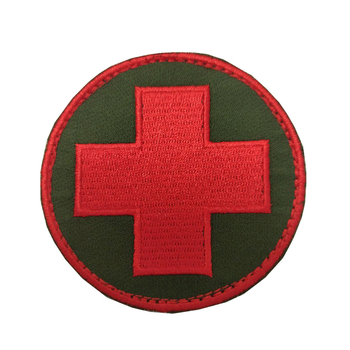 Шеврон, нарукавна емблема з вишивкою Червоний хрест на липучці Розмір діаметра 75 мм Олива