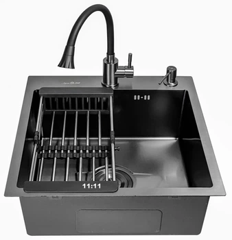 Мойка из нержавеющей стали AQUAMILL 5050 с PVD покрытием черная + смеситель гибкий + дозатор + решетка
