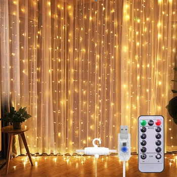 Светодиодная Гирлянда-Занавес Штора 3*3м 300LED Водонепроницаемая USB c Пультом для Украшений Окон и Террасы, теплый (413807)