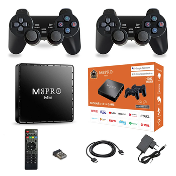 Игровая андроид ТВ приставка с Android TV + 2 джойстика M8PRO Mini ретро консоль PS1, Dendy, Sega для телевизора