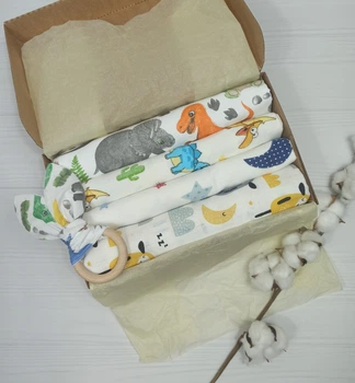 Набор для новорожденного: пеленки и грызунец a.l.babybox Дино Цветные