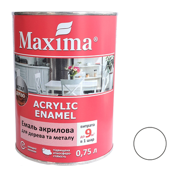 Эмаль акриловая для дерева и металла белая глянцевая Maxima 0,75л