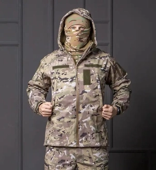 Мужская куртка Softshell мультикам с капюшоном и липучками под водонепроницаемая шеврона 4XL