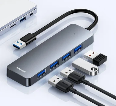 USB Переходник Хаб Разветвитель Baseus 4×USB USB 3.0 + 4 ЮСБ Концентратор для ПК Ноутбука Подключения Флешки Мышки Клавиатуры Внешнего Жесткого Диска Grey
