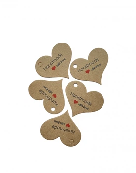 Бірки для творчості серце "Hand made with love" крафтові, 5 шт.