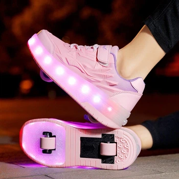 Роликовые кроссовки для девочек с LED подсветкой розовые на 2-х колесах (LR 1288) 33(21см)