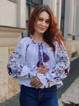 Вишукана жіноча вишиванка лляна "Жаклін" біла вишита блуза з лавандою стиль бохо 11956-54 (2XL)