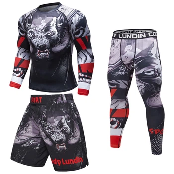 Wolf Grey трійка - Компресійний спортивний комплект для чоловіків (рашгард, лосіни, шорти) - XXL
