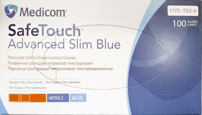 Перчатки смотровые нитриловые текстурированные, нестерильные Medicom SafeTouch Advanced Slim Blue неопудренные 3 г 50 пар № M (1175P2-C)