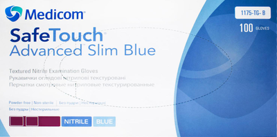 Перчатки смотровые нитриловые текстурированные, нестерильные Medicom SafeTouch Advanced Slim Blue неопудренные 3.6 г 50 пар № S (1175P-B)