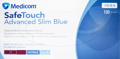 Рукавички оглядові нітрилові текстуровані, нестерильні Medicom SafeTouch Advanced Slim Blue неопудрені 3.6 г 50 пар № L (1175P-D)