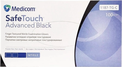 Рукавички оглядові нітрилові текстуровані, нестерильні Medicom SafeTouch Advanced Black неопудрені 3.3 г чорні 50 пар № XS (1187P-A)