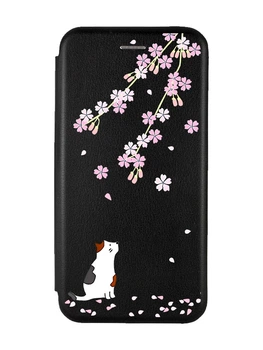 Чехол-книжка с рисунком для Xiaomi Redmi Note 8 Черный :: Котик и сакура (принт 283)