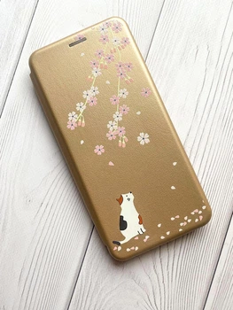 Чехол-книжка с рисунком для Samsung Galaxy A53 4G Золотой :: Котик и сакура (принт 283)