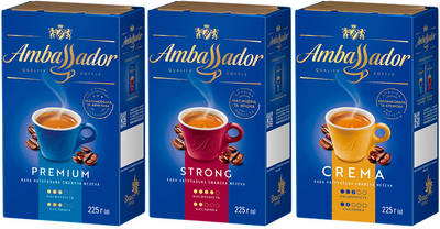 Набір меленої кави Ambassador Premium 225 г + Strong 225 г + Crema 225 г (8721077550190)