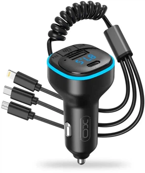 Автомобильный FM Модулятор XO BCC07 15.3W (USB+TypeC) Bluetooth + кабель TypeC/micro/Lightning Black (34533)