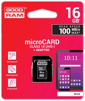 Карти пам'яті Goodram MicroSDHC 16GB UHS-I class 10 + adapter (M1AA-0160R12)