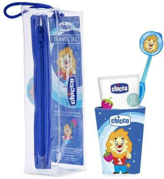 Zestaw Chicco pasta Travel Set do mycia zębów + szczoteczka + kubek + etui 3-6 Niebieski podróżny (8058664121229)