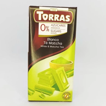 Шоколад білий із чаєм матча Torras, без цукру, без глютену, 75 г