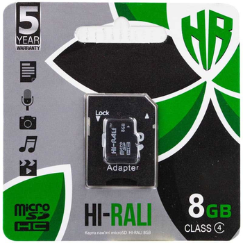 Карта пам'яті Hi-Rali microSDHC 8 GB Card Class 4 + SD adapter Чорний
