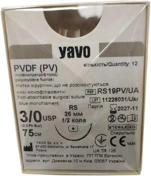 Нить хирургическая нерассасывающаяся стерильная PVDF(PV) Монофиламентная USP 3/0 75 см с одной колючей (RS) иглой 1/2 круга 26 мм 12 шт Синяя (5901748151359)