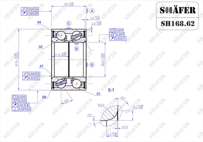 Підшипник передній Nissan X-Trail T30, Maxima A33-A34, Primera P12, 00-, (43x43x76) SH168.62 Shafer