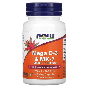 Вітамін Д3 та МК-7, Mega D-3 & MK-7, Now Foods, 5000 МО 180 мкг, 60 капсул (NOW-00384)