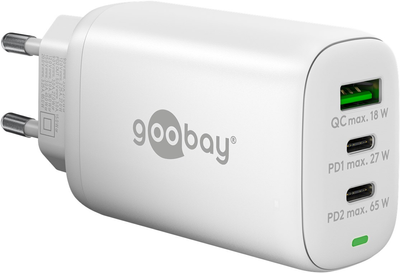 Багатопортовий зарядний пристрій Goobay Wentronic 3x Quick Charger 65 Вт 2x USB-C 1x USB-A Білий (4040849617591)