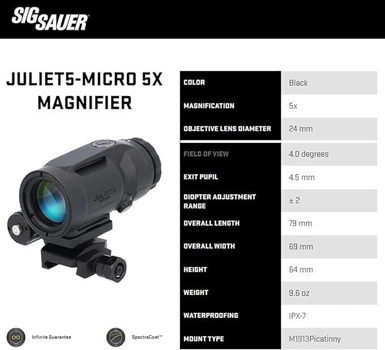 Збільшувач SIG Sauer 5x Juliet5-Micro 5x24 мм, кнопкове кріплення з прокладками, чорний.