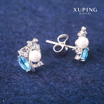 Серьги-пусеты шарики Xuping с голубыми кристаллами и жемчужиной Майорки, диаметр 8×13 мм, родиевое покрытие, ida56890
