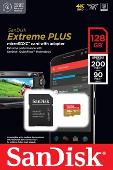 Карта пам'яті SanDisk Extreme PLUS microSDXC 128GB Class 10 V30 + SD-адаптер (SDSQXBD-128G-GN6MA)