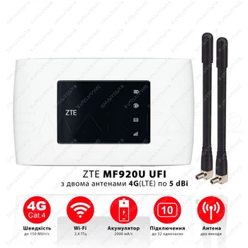 Мобільний 4G модем/роутер USB WI-FI 3G/4G LTE ZTE MF920U Ufi. Київстар, Vodafone, Lecell + 2 антенны 4G(LTE) по 5 dBi/ Скорость до 150 Мбит/с (Cat.4). Аккумулятор 2000 мАч. Поддержка до 32 устройств.