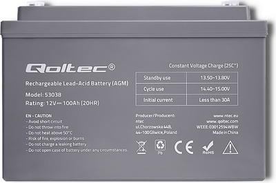 Akumulator Qoltec AGM 12V 100Ah max 1200A 53038 (5901878530383)