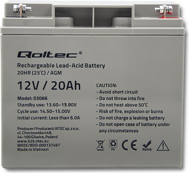 Акумуляторна батарея Qoltec AGM 12V 20Ah max. 300A 53066 (5901878530666)