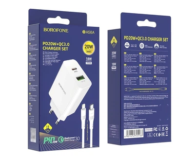 Сетевое зарядное устройство Borofone BA56A PD 20W + QC 3.0 Type C to Lightning