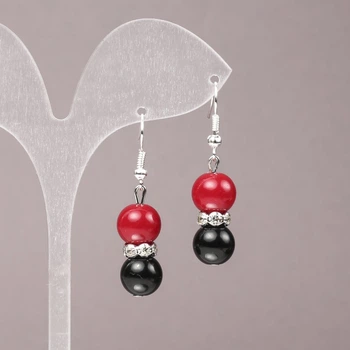 Серьги из коралла (им.) и агата (прес.) с белыми стразами, гладкий шарик, диаметр 10мм +-, длина 42мм+, ida81779