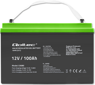 Акумуляторна батарея Qoltec żelowy 12V 100Ah GEL 29.3kg 53080 (5901878530802)