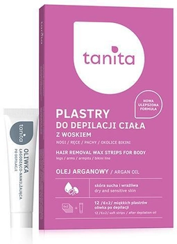 Zestaw Tanita Hair Removal Wax Strips plastry do depilacji ciała z woskiem olej arganowy 12 szt + oliwka po depilacji 10 ml (5900793042452)