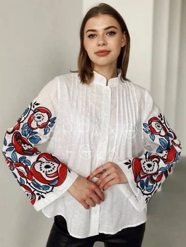 Авторська жіноча вишиванка біла "Касандра" офісна вишита блуза квіткова на 100% льоні 12527-48 (L)