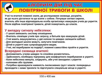 Стенд алгоритм дії за сигналом повітряної тривоги у школі 550х400 мм Д-8911