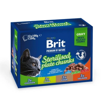 Набір вологого корму для котів Brit Premium Sterilised Plate Chunks 12 шт x 100 г - асорті