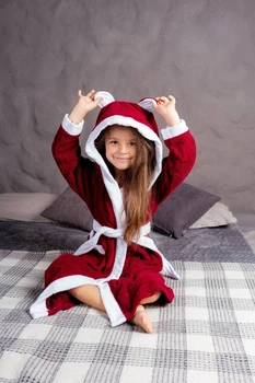 Махровый детский халат IDEAL TEXTILE с капюшоном, 380 г/м2, бордовый +белый на 3 года. 98 - 110 см