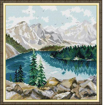 Набор для вышивания по нанесённой на канву схеме "Lake under the snowy mountains". AIDA 14CT printed 30*30 см