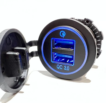 Автомобильная USB розетка для телефона на 2 ЮСБ врезная в панель авто 12V - 24V Quick Charge 3.0 (быстрая зарядка) 36Вт, Синяя