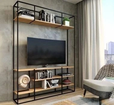 Дизайнерская тумба для телевизора в стиле Loft 160х40х200h Черный/Дерево ATL506