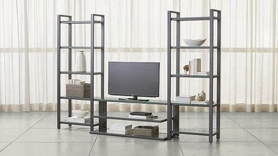 Дизайнерская тумба для телевизора в стиле Loft 280х40х200h Черный/Стекло ATL499