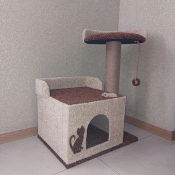 Когтеточка для котика с большим домиком и лежанками 70* 55 * 40см бежево коричневый