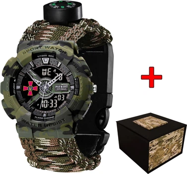Чоловічий годинник Patriot 005CMGRSU ЗСУ Зелений камуфляж Паракордовий ремінець Camo Green + Коробка