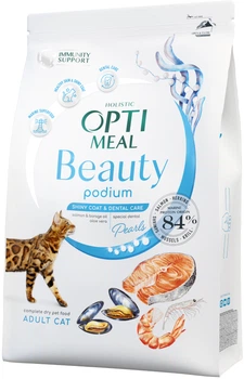 Полнорационный сухой корм Optimeal Beauty Podium для взрослых кошек, блестящая шерсть и уход за зубами, формула на основе морепродуктов 4 кг (4820215366083)(B1842201)