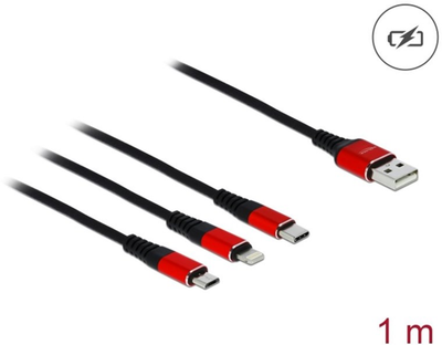 Kabel Delock USB Type-A - micro-USB-B + Lightning + USB Type-C M/M 1 m Black/Red (4043619858927)